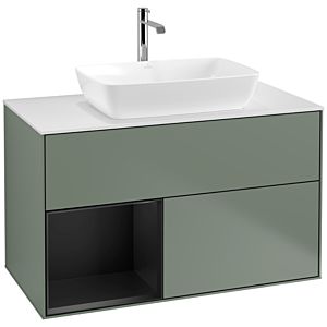 Villeroy und Boch Finion Waschtischunterschrank F771PDGM 100cm, Abdeckplatte white matt, Regale Black matt lacquer, Olive Matt Lacquer