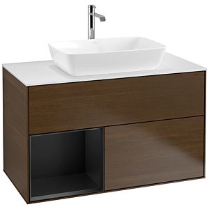 Villeroy und Boch Finion Waschtischunterschrank F771PDGN 100cm, Abdeckplatte white matt, Regale Black matt lacquer, Walnut veneer
