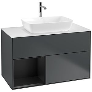 Villeroy und Boch Finion Waschtischunterschrank F771PDHG 100cm, Abdeckplatte white matt, Regale Black matt lacquer, Midnight Blue Matt Lacquer
