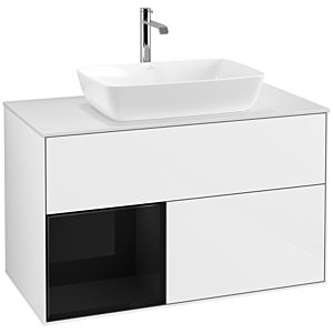 Villeroy und Boch Finion Waschtischunterschrank F771PHGF 100cm, Abdeckplatte white matt, Regale Glossy black lacquer, Glossy white lacquer