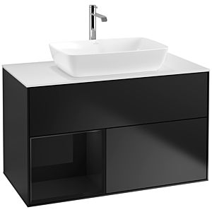 Villeroy und Boch Finion Waschtischunterschrank F771PHPD 100cm, Abdeckplatte white matt, Regale Glossy black lacquer, Black matt lacquer