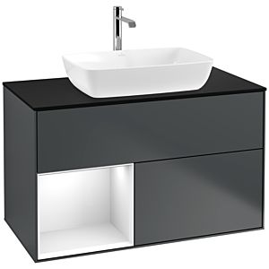 Villeroy und Boch Finion Waschtischunterschrank F772GFHG 100cm, Abdeckplatte black matt, Regale Glossy white lacquer, Midnight Blue Matt Lacquer