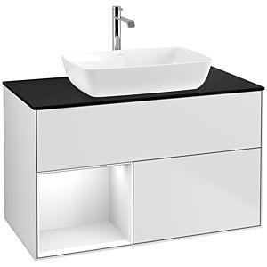 Villeroy und Boch Finion Waschtischunterschrank F772GFMT 100cm, Abdeckplatte black matt, Regale Glossy white lacquer, White matt lacquer