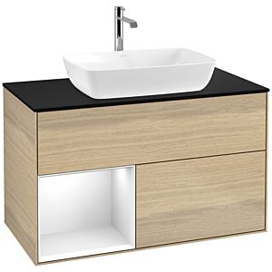 Villeroy et Boch Finion Villeroy et Boch F772GFPC 100cm, plaque de recouvrement noir mat, étagères Laque blanche brillante, Oak Veneer
