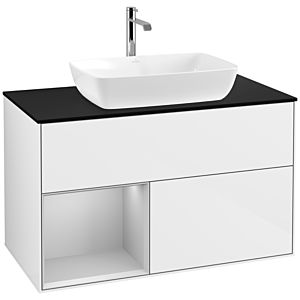 Villeroy und Boch Finion Waschtischunterschrank F772GJGF 100cm, Abdeckplatte black matt, Regale Light grey matt lacquer, Glossy white lacquer
