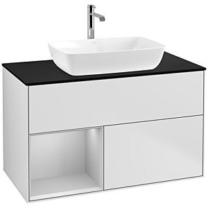 Villeroy und Boch Finion Waschtischunterschrank F772GJMT 100cm, Abdeckplatte black matt, Regale Light grey matt lacquer, White matt lacquer