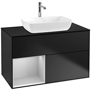 Villeroy und Boch Finion Waschtischunterschrank F772GJPD 100cm, Abdeckplatte black matt, Regale Light grey matt lacquer, Black matt lacquer