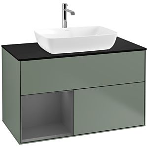 Villeroy und Boch Finion Waschtischunterschrank F772GKGM 100cm, Abdeckplatte black matt, Regale Anthracite matt lacquer, Olive Matt Lacquer