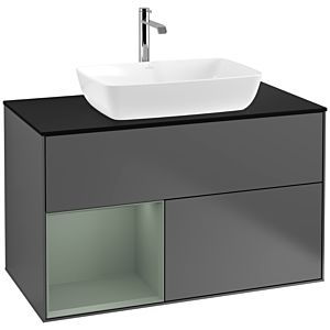 Villeroy und Boch Finion Waschtischunterschrank F772GMGK 100cm, Abdeckplatte black matt, Regale Olive matt lacquer, Anthracite matt
