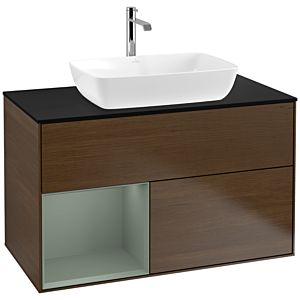 Villeroy und Boch Finion Waschtischunterschrank F772GMGN 100cm, Abdeckplatte black matt, Regale Olive matt lacquer, Walnut veneer