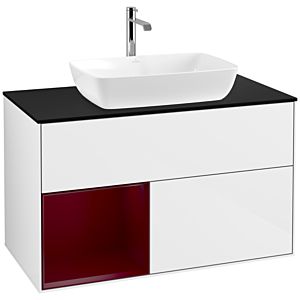 Villeroy und Boch Finion Waschtischunterschrank F772HBGF 100cm, Abdeckplatte black matt, Regale Peony matt lacquer, Glossy white lacquer