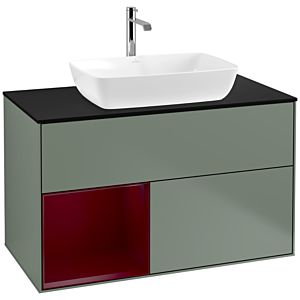 Villeroy und Boch Finion Waschtischunterschrank F772HBGM 100cm, Abdeckplatte black matt, Regale Peony matt lacquer, Olive Matt Lacquer