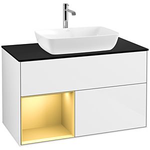 Villeroy und Boch Finion Waschtischunterschrank F772HFGF 100cm, Abdeckplatte black matt, Regale Gold matt lacquer, Glossy white lacquer