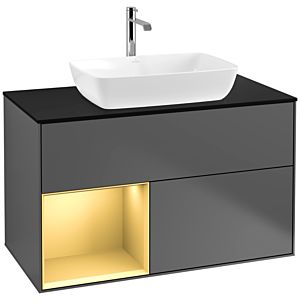 Villeroy und Boch Finion Waschtischunterschrank F772HFGK 100cm, Abdeckplatte black matt, Regale Gold matt lacquer, Anthracite matt