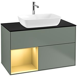 Villeroy et Boch Finion Villeroy et Boch F772HFGM 100cm, plaque de recouvrement noir mat, étagères laqué mat or, Olive Matt Lacquer