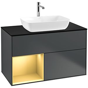 Villeroy und Boch Finion Waschtischunterschrank F772HFHG 100cm, Abdeckplatte black matt, Regale Gold matt lacquer, Midnight Blue Matt Lacquer