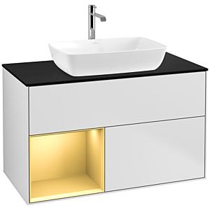 Villeroy und Boch Finion Waschtischunterschrank F772HFMT 100cm, Abdeckplatte black matt, Regale Gold matt lacquer, White matt lacquer