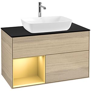 Villeroy et Boch Finion Villeroy et Boch F772HFPC 100cm, plaque de recouvrement noir mat, étagères laqué mat or, Oak Veneer