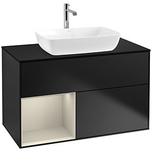 Villeroy und Boch Finion Waschtischunterschrank F772HHPD 100cm, Abdeckplatte black matt, Regale sand matt lacquer, Black matt lacquer