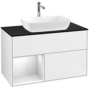 Villeroy et Boch Finion Villeroy et Boch F772MTGF 100cm, plaque de recouvrement noire mate, étagères en laque blanche mate, laque blanche brillante
