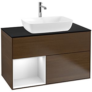 Villeroy und Boch Finion Waschtischunterschrank F772MTGN 100cm, Abdeckplatte black matt, Regale White matt lacquer, Walnut veneer