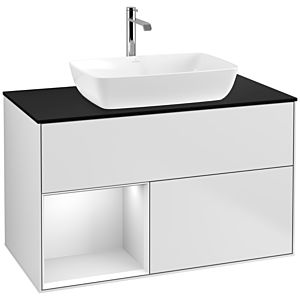 Villeroy und Boch Finion Waschtischunterschrank F772MTMT 100cm, Abdeckplatte black matt, Regale White matt lacquer, White matt lacquer