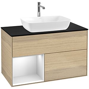 Villeroy et Boch Finion Villeroy et Boch F772MTPC 100cm, plaque de recouvrement noire mate, étagères laquées blanc mat, Oak Veneer