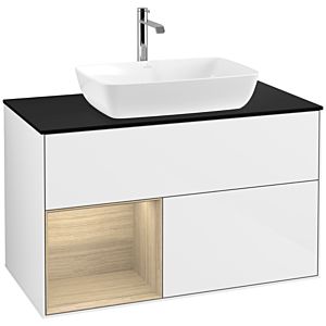 Villeroy et Boch Finion F772PCGF 100cm, plaque de recouvrement noire mate, étagères Oak Veneer , laqué blanc brillant