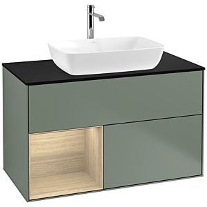 Villeroy und Boch Finion Waschtischunterschrank F772PCGM 100cm, Abdeckplatte black matt, Regale Oak Veneer, Olive Matt Lacquer