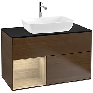 Villeroy und Boch Finion Waschtischunterschrank F772PCGN 100cm, Abdeckplatte black matt, Regale Oak Veneer, Walnut veneer