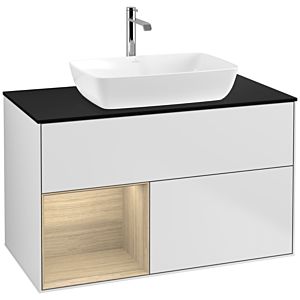 Villeroy und Boch Finion Waschtischunterschrank F772PCMT 100cm, Abdeckplatte black matt, Regale Oak Veneer, White matt lacquer