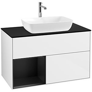 Villeroy und Boch Finion Waschtischunterschrank F772PDGF 100cm, Abdeckplatte black matt, Regale Black matt lacquer, Glossy white lacquer