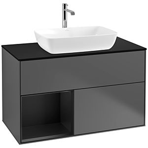 Villeroy und Boch Finion Waschtischunterschrank F772PDGK 100cm, Abdeckplatte black matt, Regale Black matt lacquer, Anthracite matt