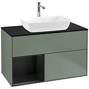Villeroy und Boch Finion Waschtischunterschrank F772PDGM 100cm, Abdeckplatte black matt, Regale Black matt lacquer, Olive Matt Lacquer