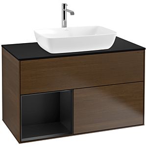 Villeroy und Boch Finion Waschtischunterschrank F772PDGN 100cm, Abdeckplatte black matt, Regale Black matt lacquer, Walnut veneer