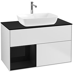 Villeroy und Boch Finion Waschtischunterschrank F772PHMT 100cm, Abdeckplatte black matt, Regale Glossy black lacquer, White matt lacquer