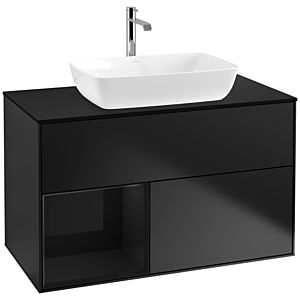 Villeroy und Boch Finion Waschtischunterschrank F772PHPD 100cm, Abdeckplatte black matt, Regale Glossy black lacquer, Black matt lacquer