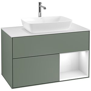 Villeroy et Boch Finion Villeroy et Boch F781GFGM 100cm, plaque de finition blanc mat, étagères laqué blanc brillant, Olive Matt Lacquer