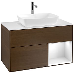 Villeroy und Boch Finion Waschtischunterschrank F781GFGN 100cm, Abdeckplatte white matt, Regale Glossy white lacquer, Walnut veneer