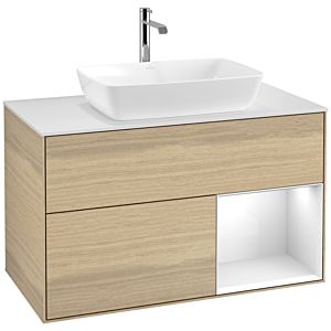 Villeroy et Boch Finion Villeroy et Boch F781GFPC 100cm, plaque de recouvrement blanc mat, étagères Laque blanc brillant, Oak Veneer