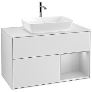 Villeroy und Boch Finion Waschtischunterschrank F781GJMT 100cm, Abdeckplatte white matt, Regale Light grey matt lacquer, White matt lacquer