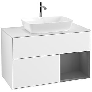 Villeroy et Boch Finion Villeroy et Boch F781GKGF 100cm, plaque de recouvrement blanc mat, étagères laqué anthracite mat, laqué blanc brillant