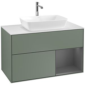 Villeroy et Boch Finion Villeroy et Boch F781GKGM 100cm, plaque de recouvrement blanc mat, étagères laqué mat anthracite, Olive Matt Lacquer