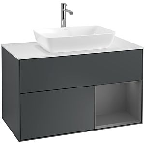 Villeroy und Boch Finion Waschtischunterschrank F781GKHG 100cm, Abdeckplatte white matt, Regale Anthracite matt lacquer, Midnight Blue Matt Lacquer