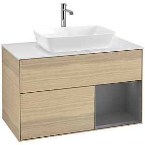 Villeroy et Boch Finion Villeroy et Boch F781GKPC 100cm, plaque de recouvrement blanc mat, étagères laqué mat anthracite, Oak Veneer