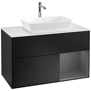 Villeroy und Boch Finion Waschtischunterschrank F781GKPD 100cm, Abdeckplatte white matt, Regale Anthracite matt lacquer, Black matt lacquer