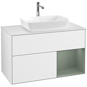 Villeroy et Boch Finion Villeroy et Boch F781GMGF 100cm, plaque de recouvrement blanc mat, étagères laqué olive mat, laqué blanc brillant