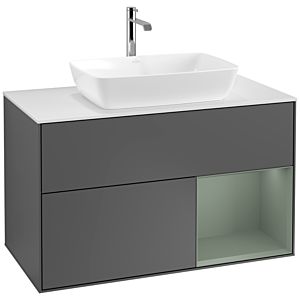 Villeroy und Boch Finion Waschtischunterschrank F781GMGK 100cm, Abdeckplatte white matt, Regale Olive matt lacquer, Anthracite matt