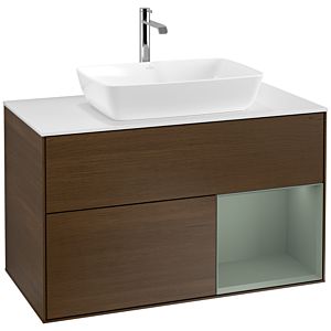 Villeroy und Boch Finion Waschtischunterschrank F781GMGN 100cm, Abdeckplatte white matt, Regale Olive matt lacquer, Walnut veneer