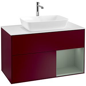 Villeroy und Boch Finion Waschtischunterschrank F781GMHB 100cm, Abdeckplatte white matt, Regale Olive matt lacquer, Peony Matt